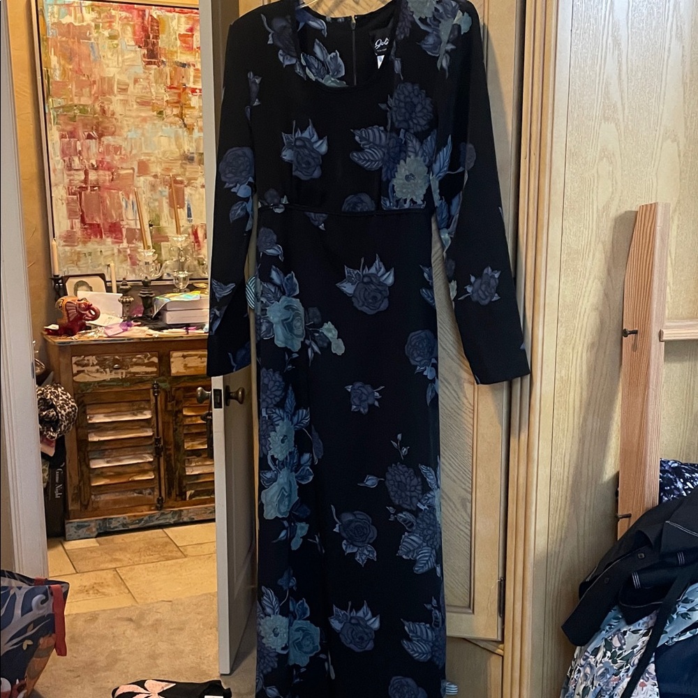 Vintage jolibel Black and Blue gray Floral Long Sleeve Dress size vintage 10